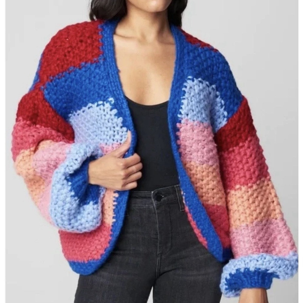 Blank NYC Unisex Cardigan Blue V-Neck Long Sleeve Geometric Acrylic Size XS